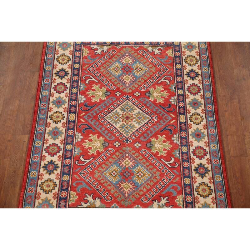 Geometric Kazak Rug Hand-Knotted Red Wool Carpet - 3'4"x 5'2"
