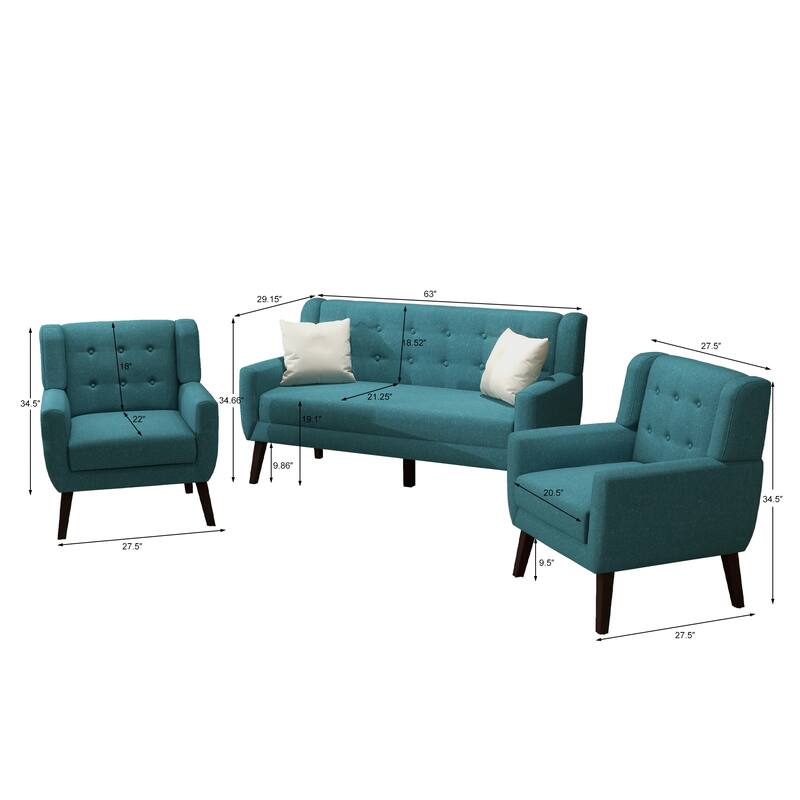 3-Piece Mid-Century Modern Living Room Set with Loveseat and 2 Chairs