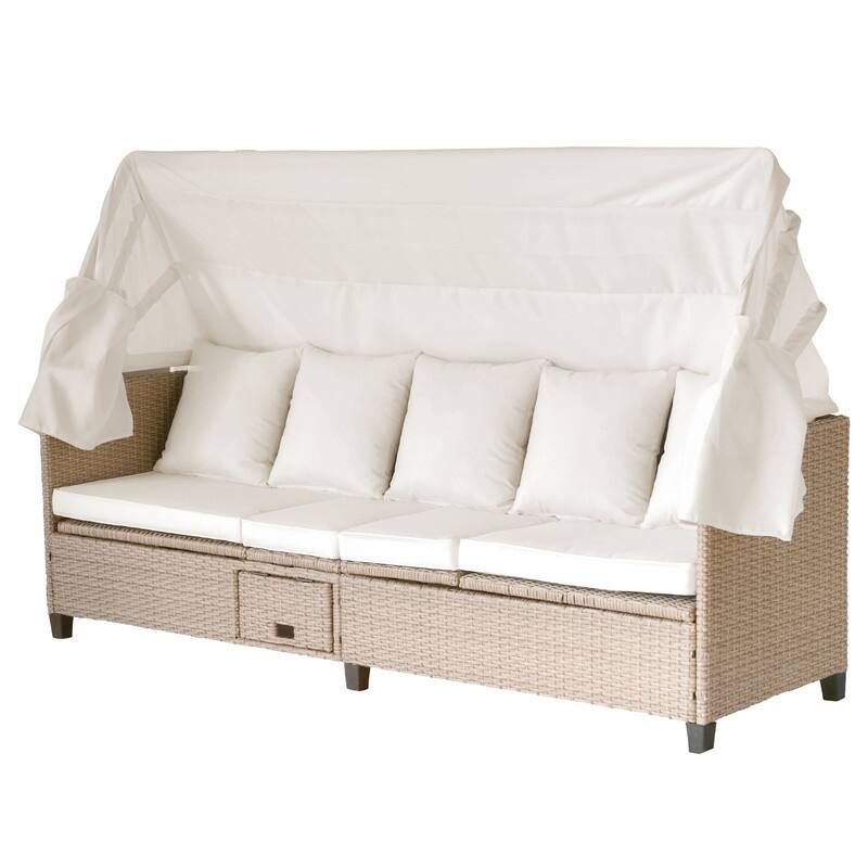 4 Piece UV-Proof Resin Wicker Patio Sofa Set with Retractable Canopy,Lifting Table