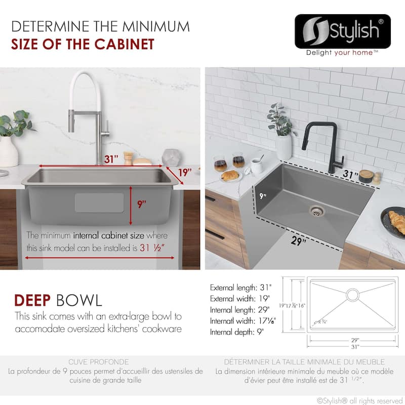 Dual Mount 31" Stainless Steel Single Bowl Kitchen Sink Handmade - 31" x 19" x 9"