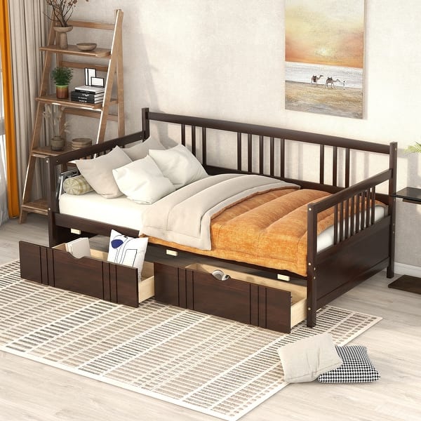 slide 2 of 16, Space-Saving Twin Daybed with Storage Drawers - Sturdy Pine Wood Frame Espresso