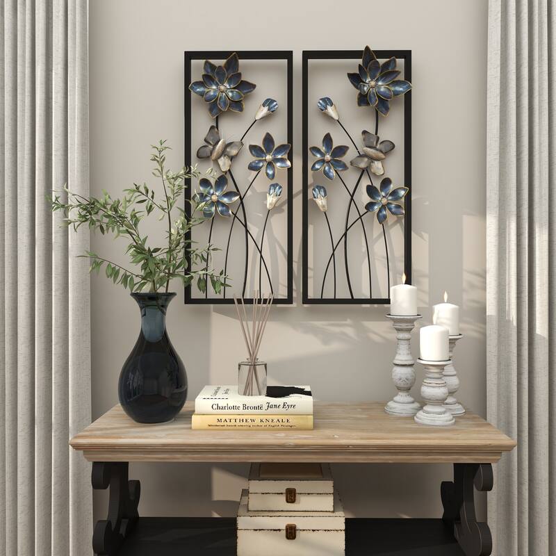 Teal Metal Floral Home Wall Decor with Black Frames and Butterfly Accents (Set of 2)