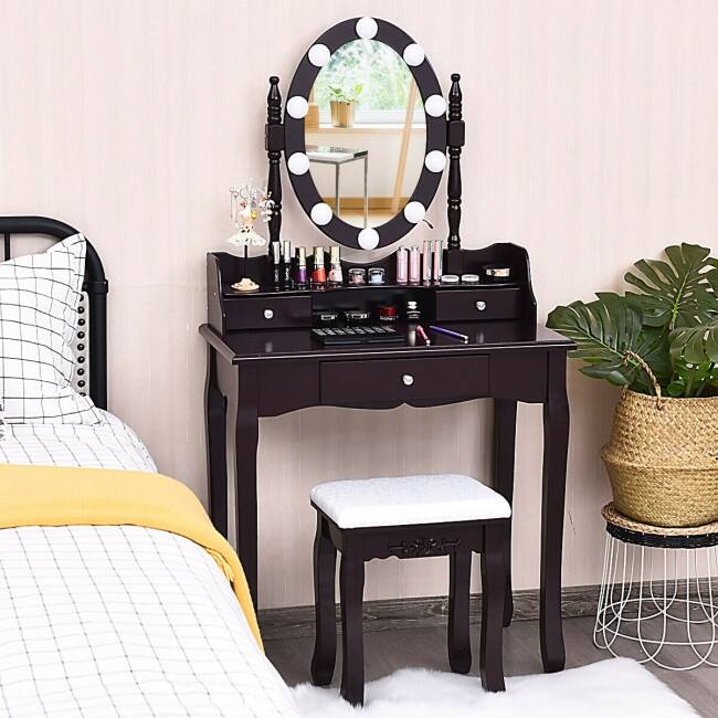 Oval Mirror Vanity Set with 10 LED Dimmable Bulbs and 3 Drawers - 29.5" x 16" x 56.5" (L x W x H)