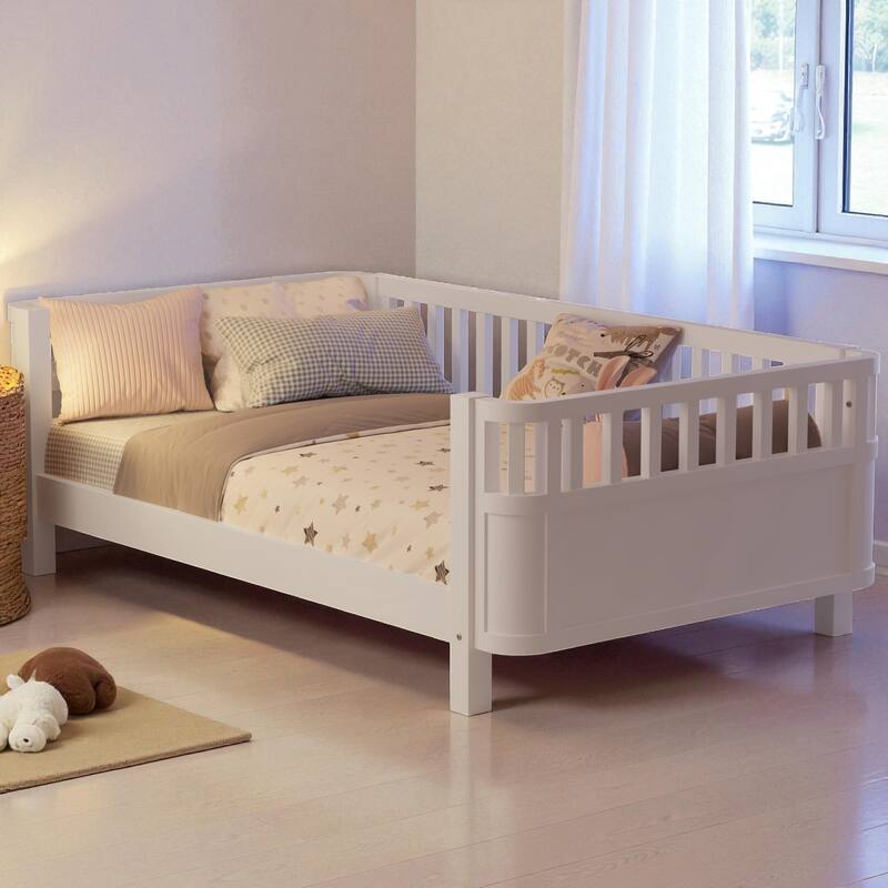 Wood Twin/Full Size Platform Bed with Safety Rails, Low Profile Kids Bed Frame for Girls and Boys