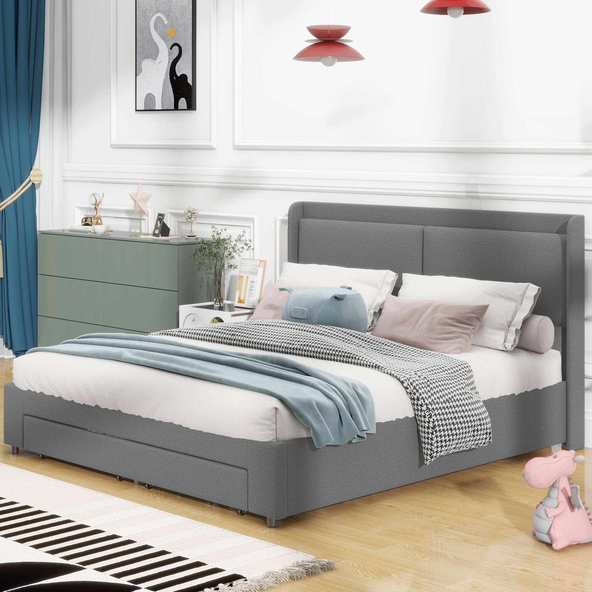 Lift Up Platform Bed with Hydraulic Storage Frame and 2 Drawers, Gray