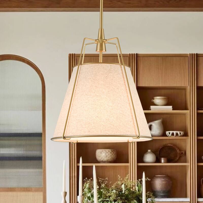 Mid Century 4-Light Conical Ivory Linen Lantern Pendant Ambient Light - 15in - Brass Finish
