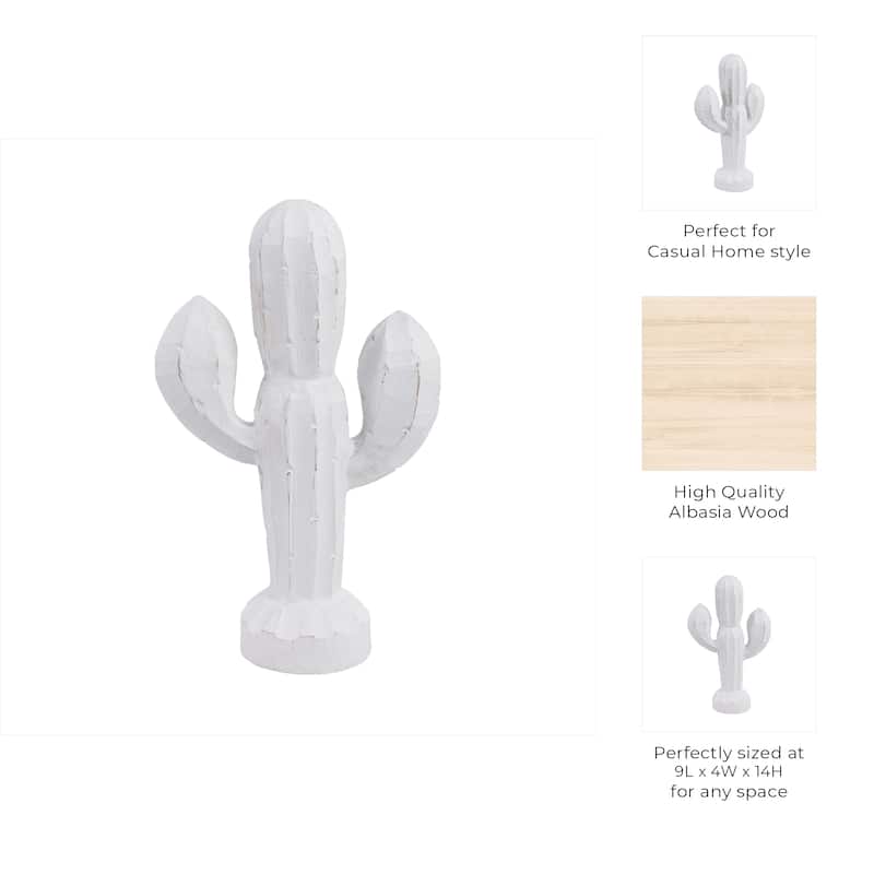 Wood Cactus Shape Handcarved Figurine - White, 14 in.