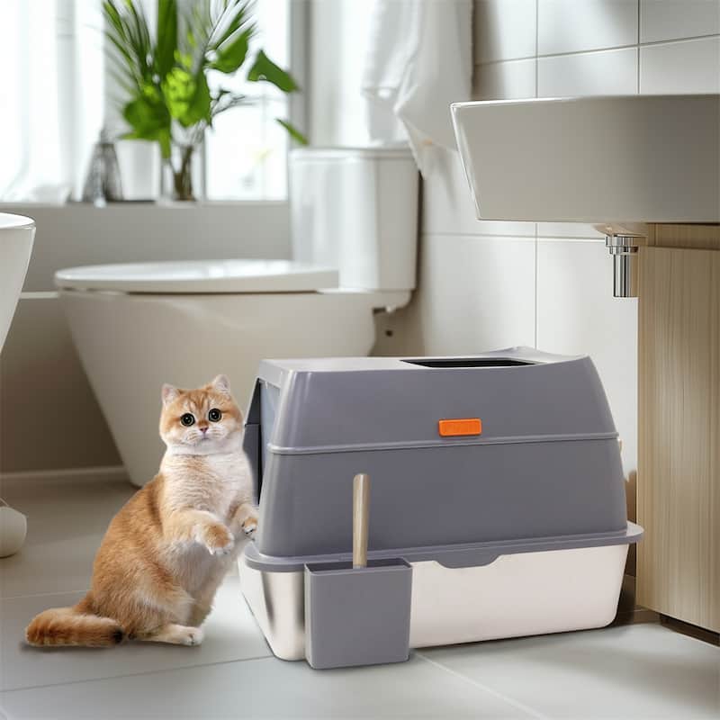 Stainless Steel Cat Litter Box,Extra Large Enclosed Cat Toilet w/Lid, Metal Cat Box w/Filter Pedal and Litter Scoop