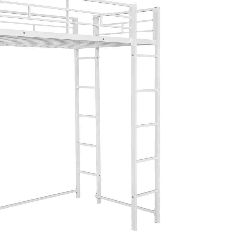 White Twin Size Metal Loft Bed with Ladder, Fence, 2 Shelves and Desk for Bedroom