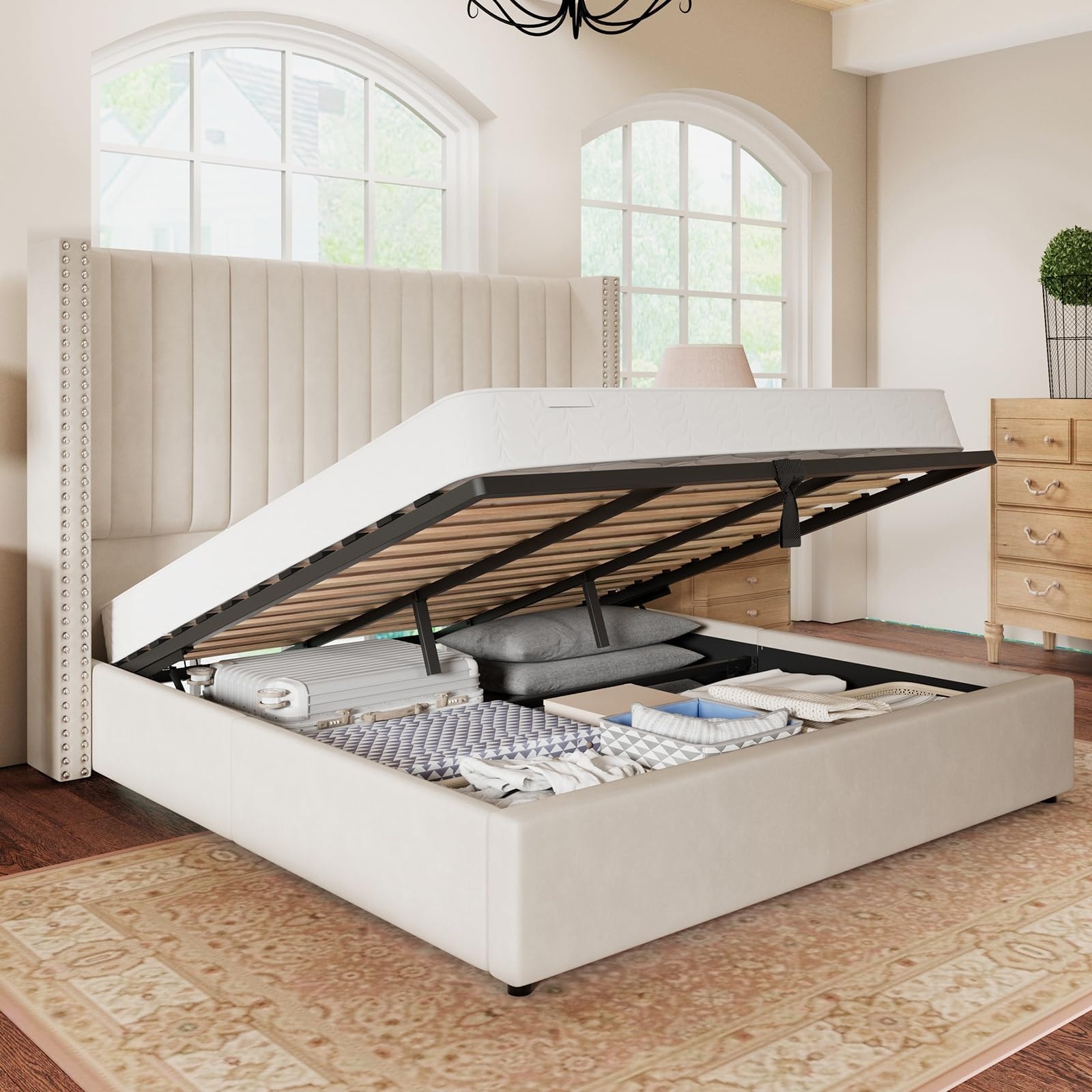 Jovify LED Upholstered Bed, 4ft6 Double Ottoman Bed Frame 135x190cm, Hydraulic B | UK - View #12