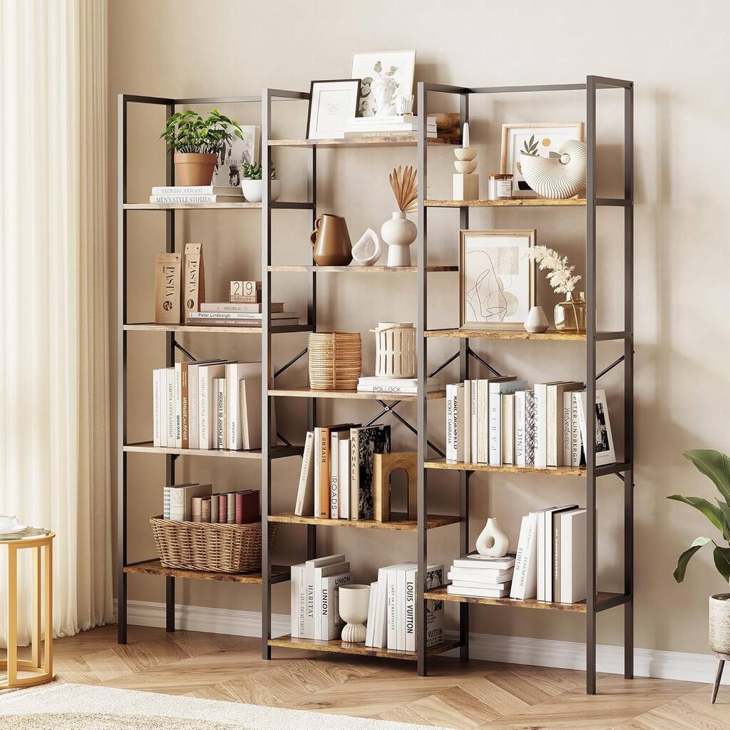 Triple Column 5-Tier Bookshelf, Rustic Bookcase with 14 Open Adjustable Shelves