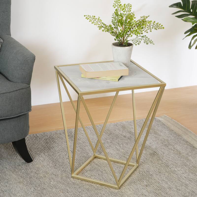 Roomfitters Geometric Metal Side Table with Faux Marble Top and Gold Base, Modern Accent Table, White+Gold
