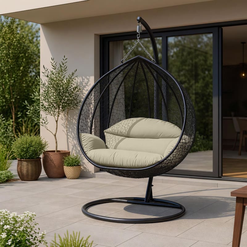 2-Person Outdoor Hanging Egg Chair with Teardrop Frame, Weather-Resistant Cotton Cushioned Seat for Patio and Indoor Use