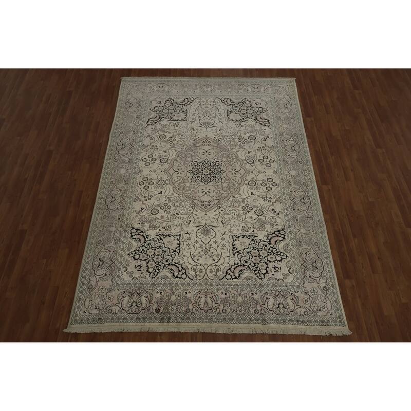 Hand Knotted Oriental Silk Carpet Traditional Floral Beige & Ivories Kashmir Area Rug - 10' 3'' X 7' 0''