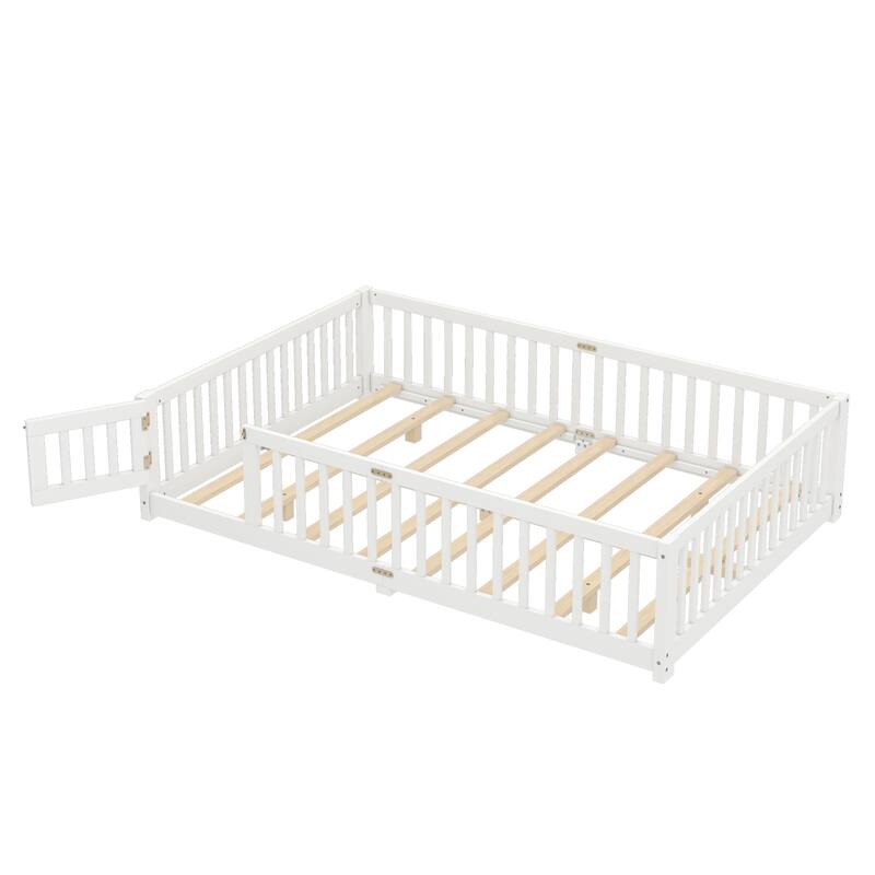 Queen Size Bed Floor Bed with Safety Guardrails and Door for Kids