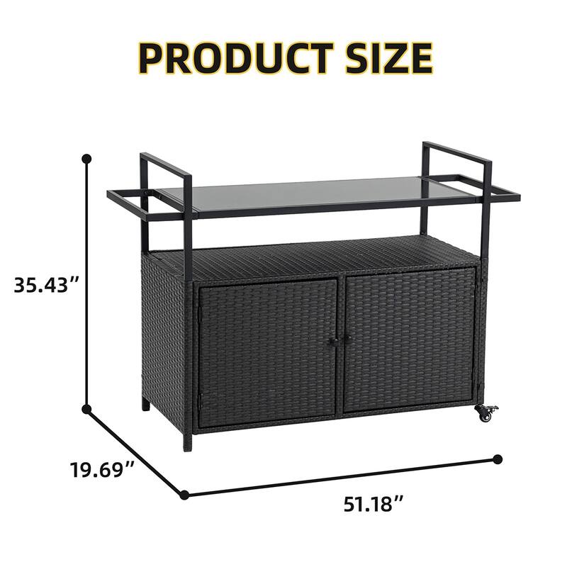 Large Portable Outdoor Wicker Bar Cart, Wheels, Glass Tabletop - 51.18'' W x 19.69'' D x 35.43'' H