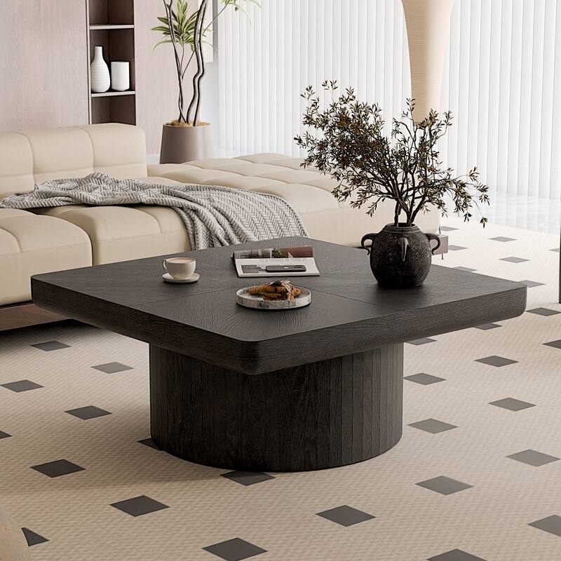 34.6" Square Coffee Table for Living Room, Modern Wood Veneer Top with Parquet Pattern & Cylindrical Base - Black