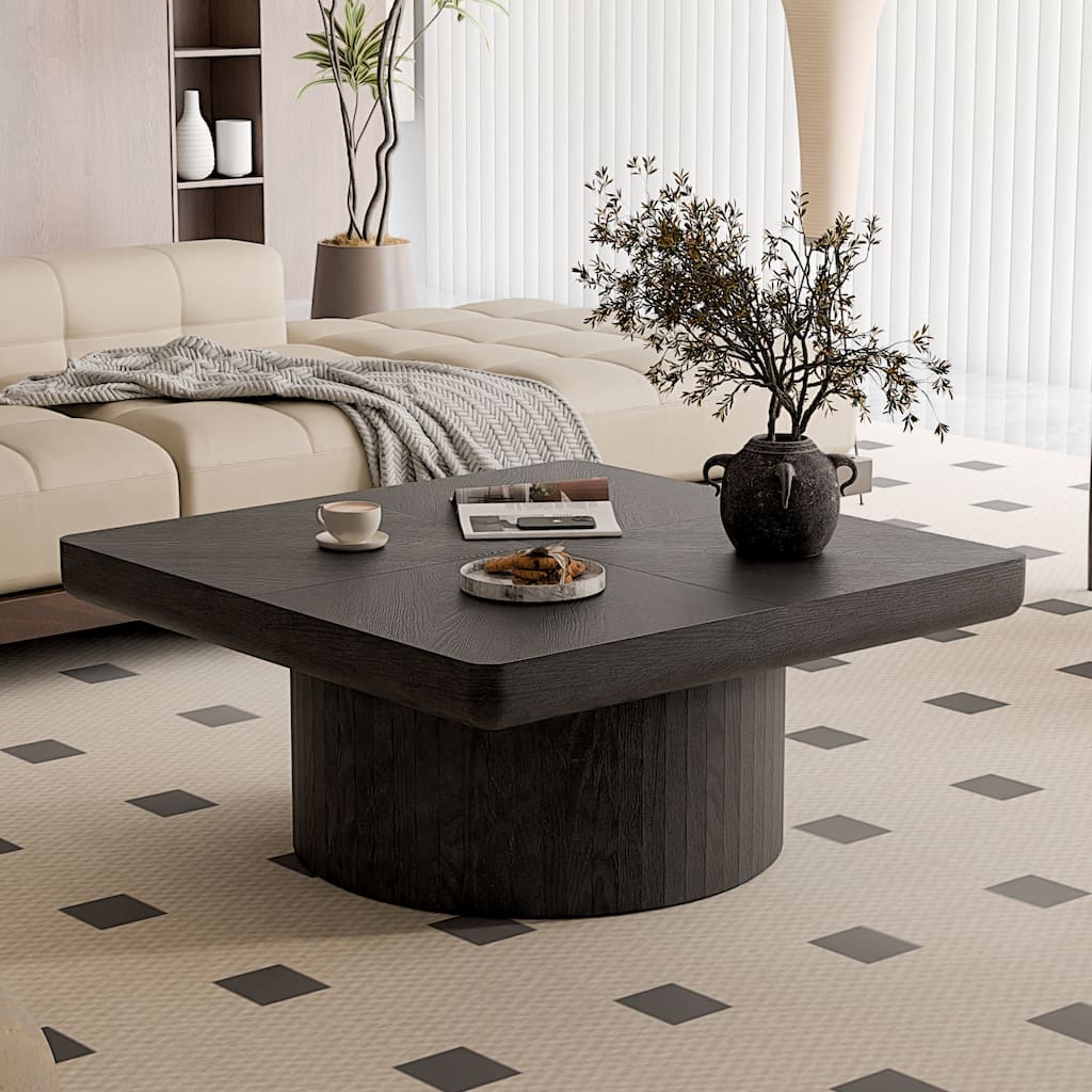 34.6" Square Coffee Table for Living Room, Modern Wood Veneer Top with Parquet Pattern & Cylindrical Base