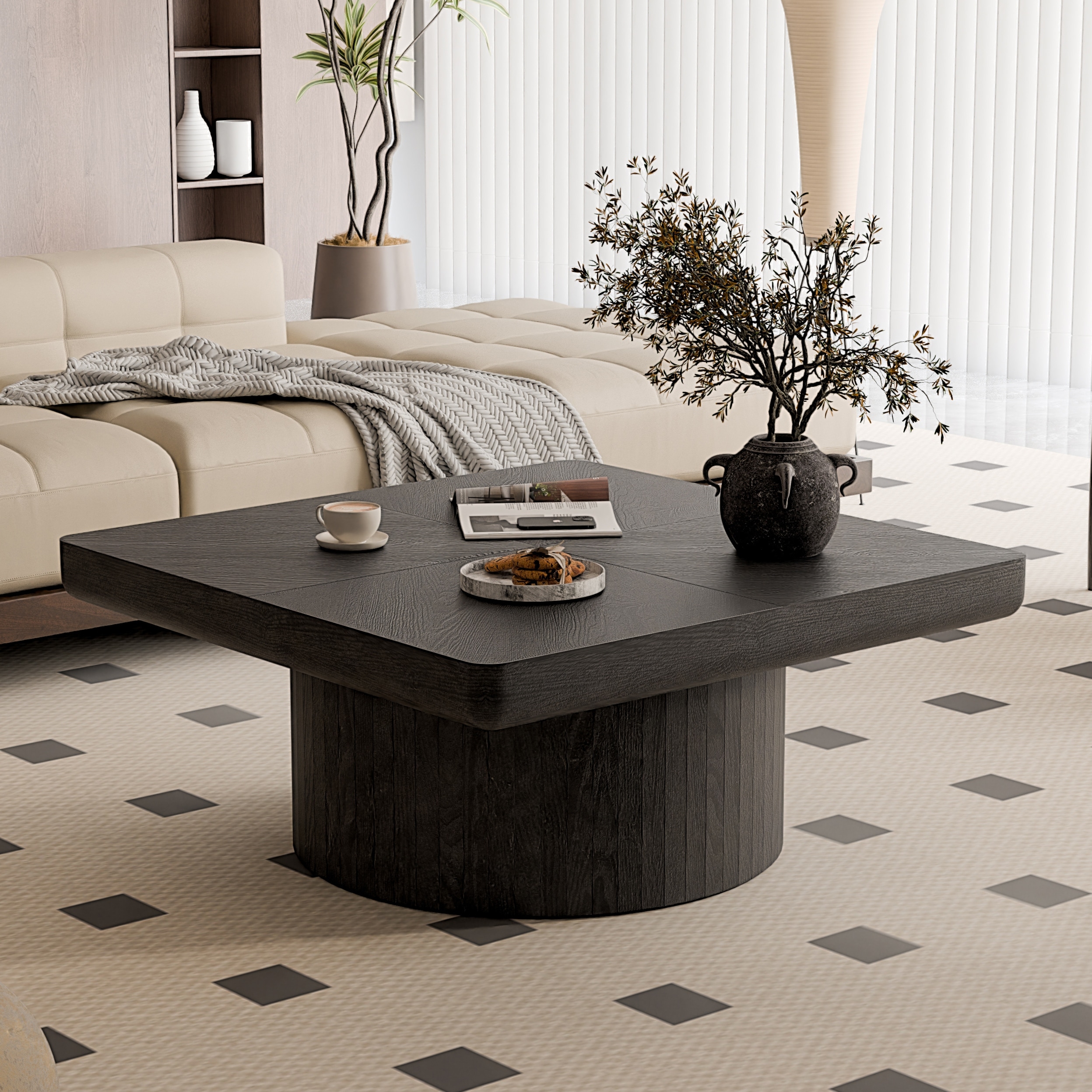 34.6'' Square Coffee Table - Modern Wood Veneer Top with Parquet Pattern & Cylindrical Base for Living Room