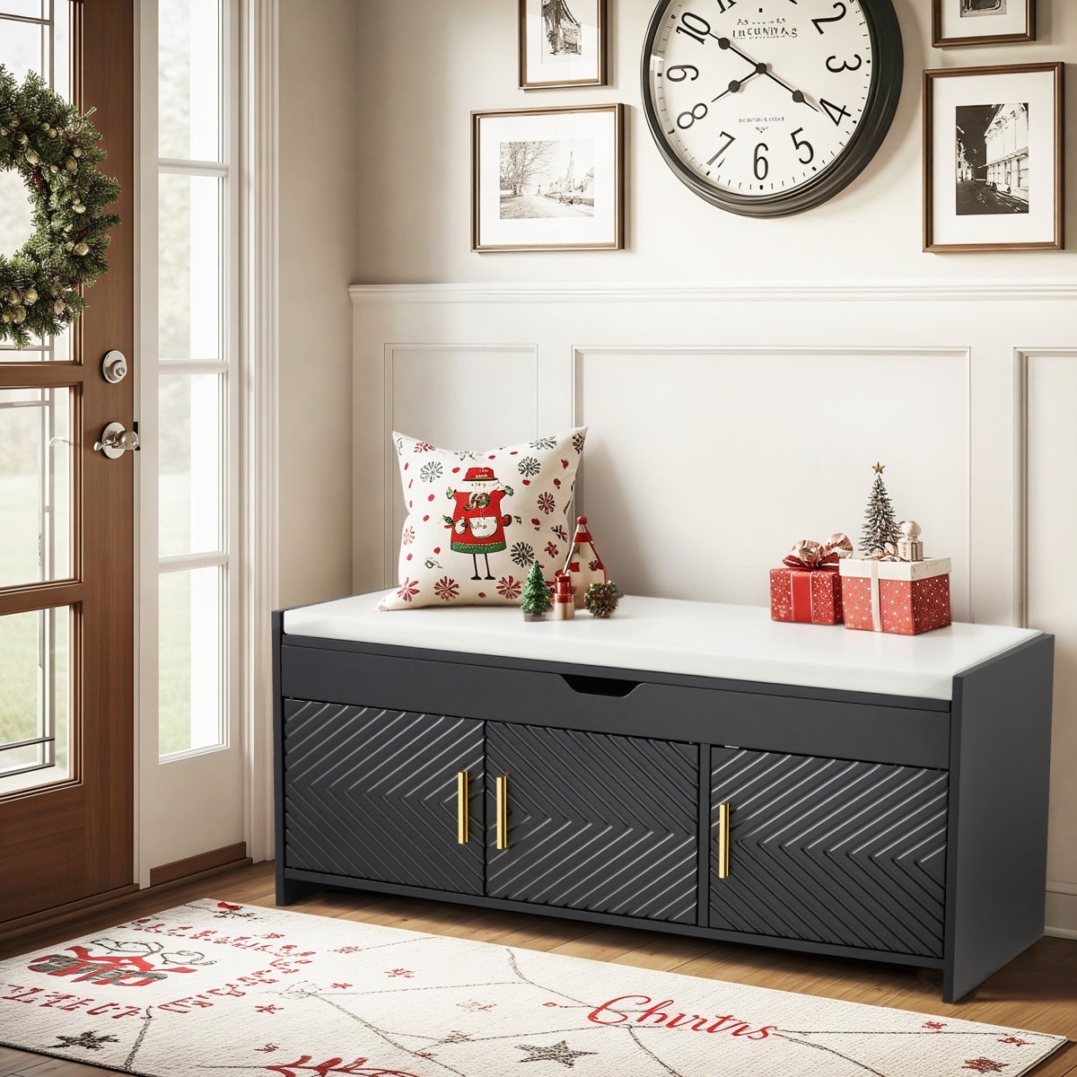 EROMMY 43.7" Wooden Entryway Bench, Flip Top Shoe Storage Bench with Cushioned Seat & Hidden Compartments