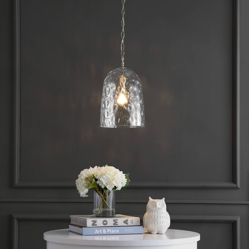Plains 10" 1-Light Industrial Designer Iron/Dimple Glass Dome LED Pendant, Nickel/Clear by JONATHAN Y