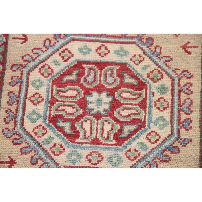 Hand Knotted Oriental 100% Wool Carpet Traditional Geometric Beige & Ivories Kazak Runner Rug - 12' 9'' X 2' 9''