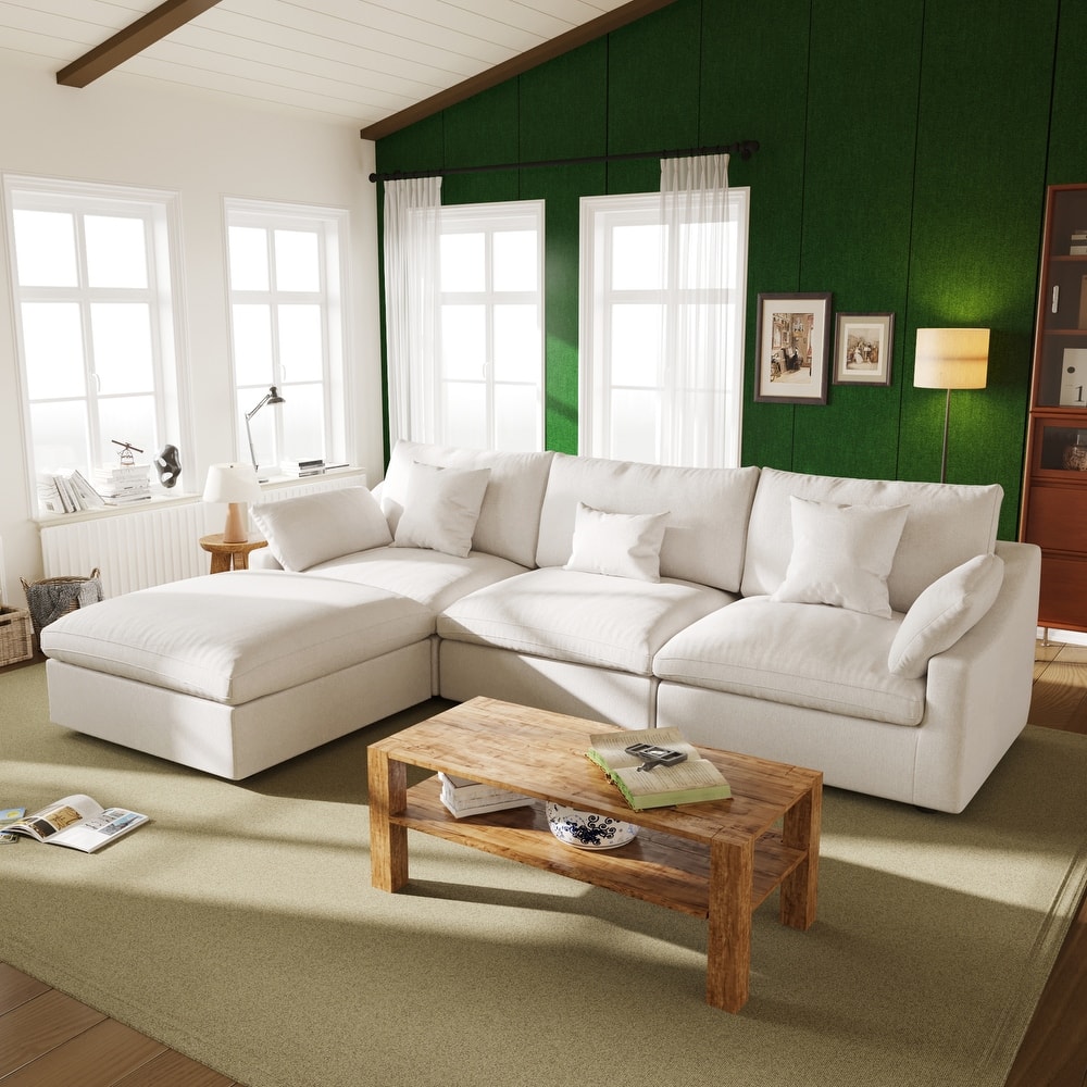 119'' L-shape Linen Fabric Upholstered Sectional Sofas with Ottoman