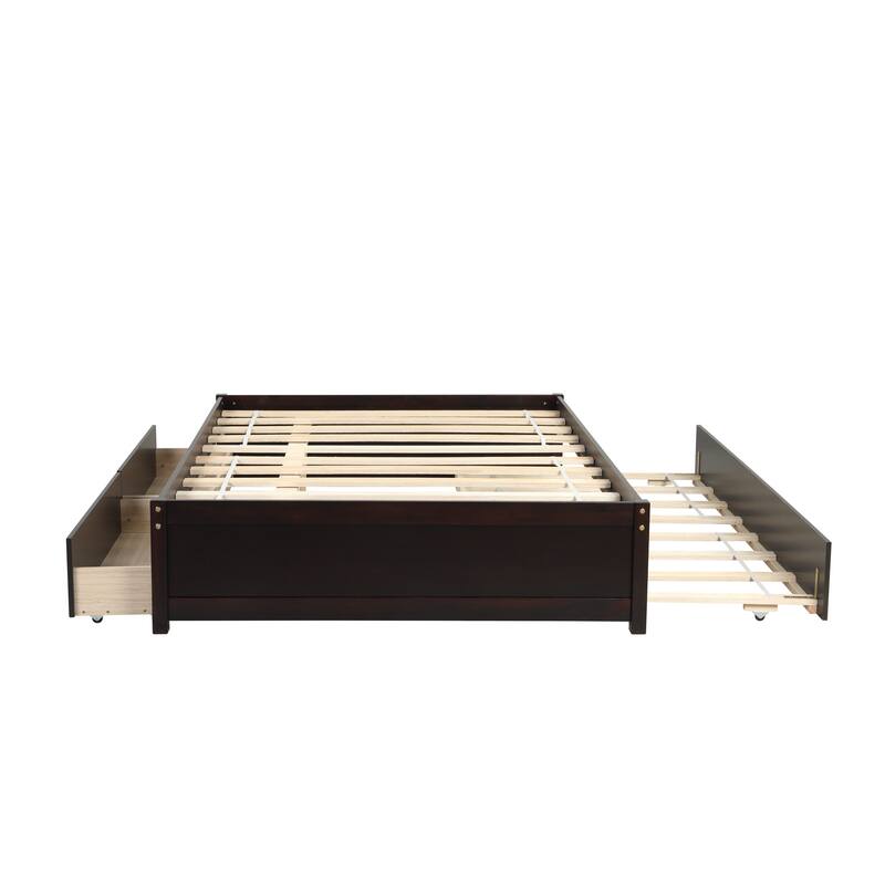 Wood Platform Bed Full Storage Bed with Twin Trundle and 2 Drawers