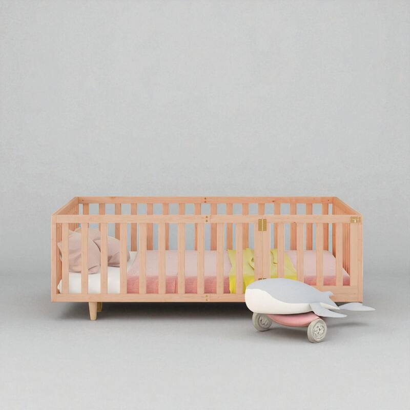 Full Size Wooden Floor Bed Frame with Fence and Door, Montessori Daybed for Kids, No Slats Needed