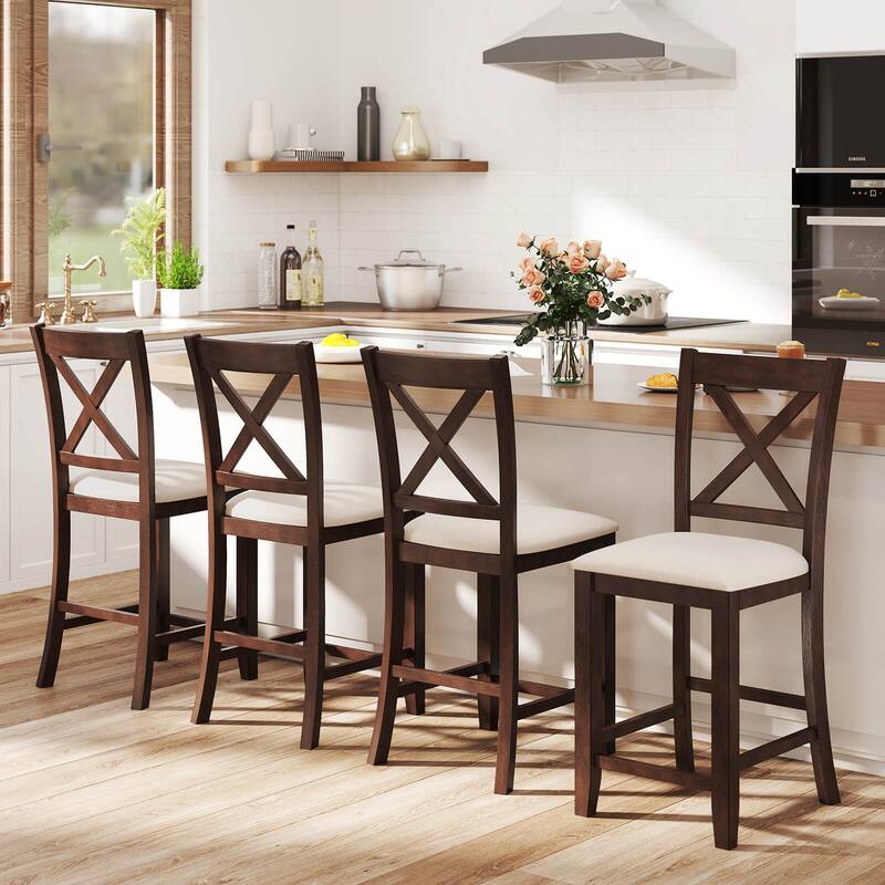 Set of 2/4 Upholstered Wooden Bar Chairs 24" Bar Stools w/ Footrest