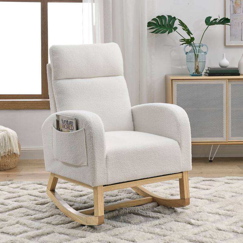 Teddy Fabric Rocking Chair with Side Pockets & High Back Support