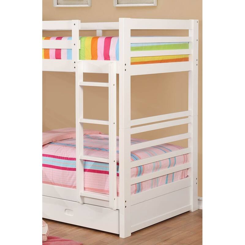 Twin Over Twin Bunk Bed with Two Drawers and Attached Ladder, White