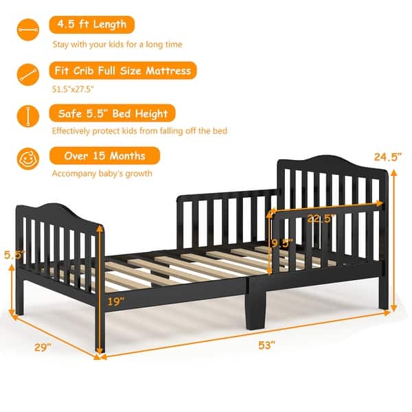 dimension image slide 2 of 4, Costway Kids Toddler Wood Bed Bedroom Furniture w/ Guardrails - See Details