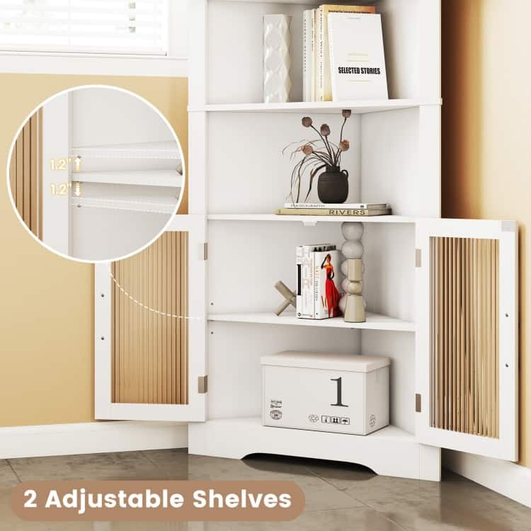White MDF and Tempered Glass 6-Tier Corner Cabinet with Adjustable Shelves - 26" x 14" x 67" (L x W x H)