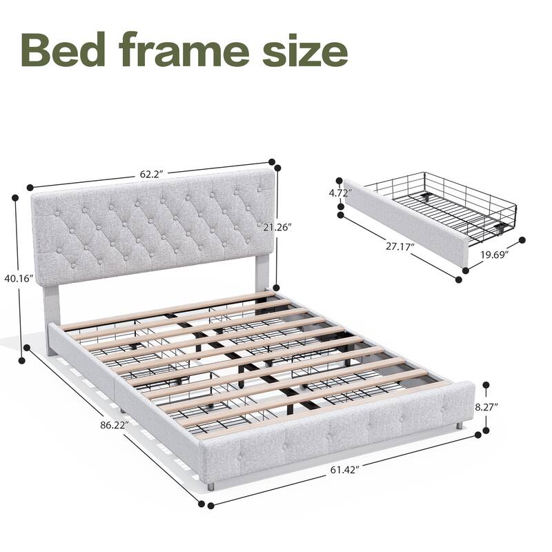 Linen Upholstered Headboard Bed Frame with Large Hidden Storage, 4 Underbed Drawers with Pulleys