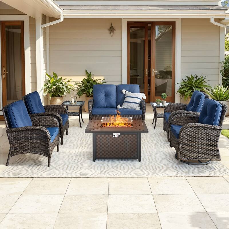 Gymojoy 7-Piece Patio Set with Glider Loveseat, Swivel Chairs & Fire Pit Table for Backyard, Garden - Brown Wicker / Blue Cusion - 8-Piece