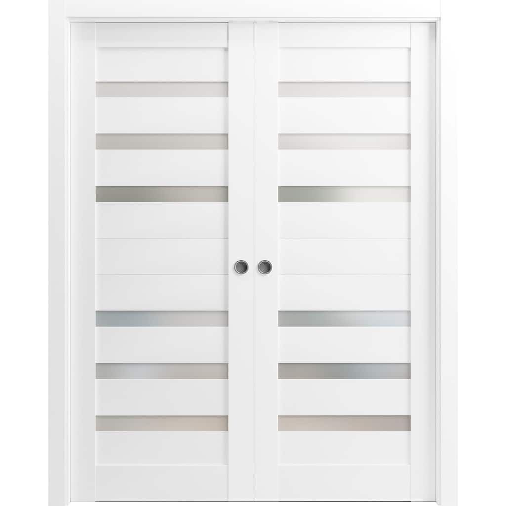 SartoDoors Quadro 4266 | Interior French Doors Double French | Solid Wood w/ Glass | Hardware Set | 36x80, White Silk