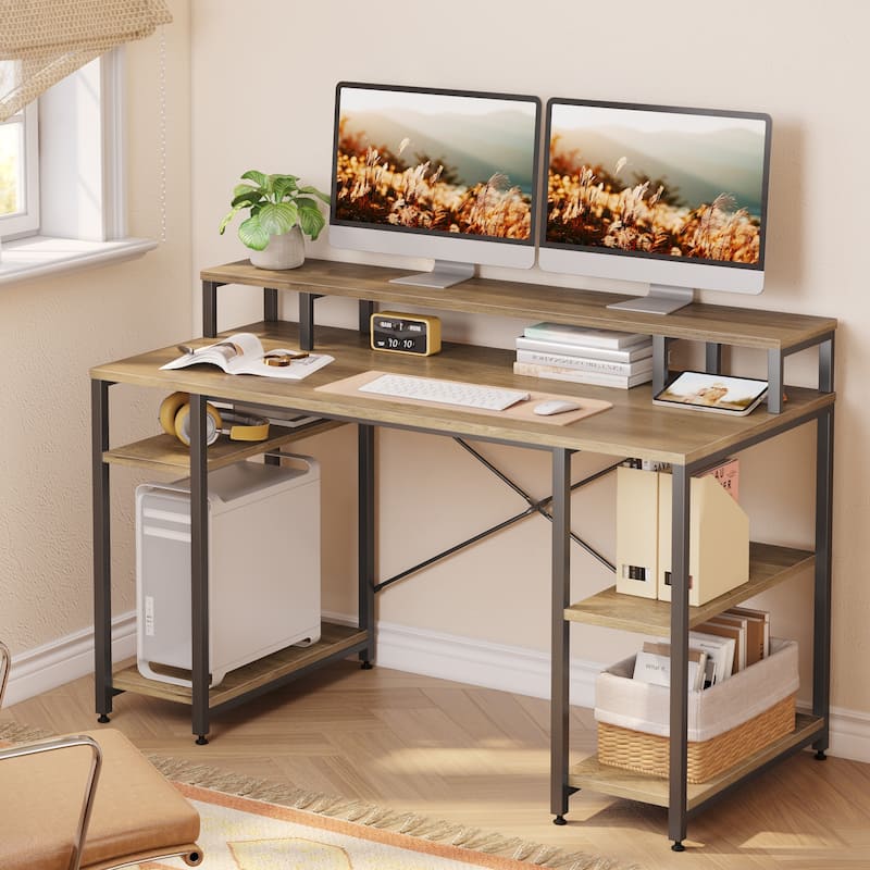 55 Inch Dual Monitor Computer Desk with Adjustable Shelves - Retro Oak