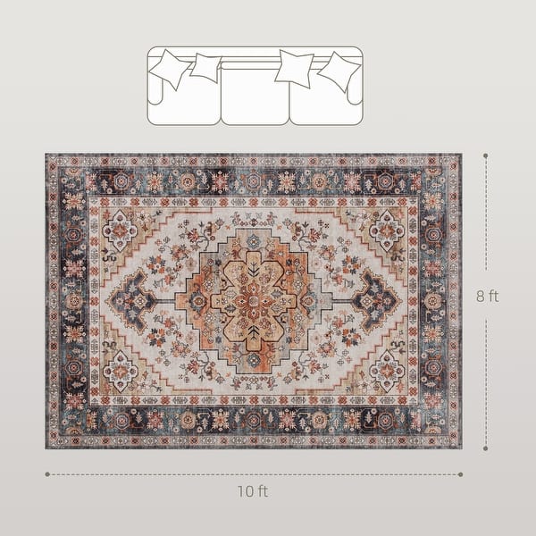 HOMCOM Washable Area Rug, 8'x10' Vintage Indoor Distressed Carpet, Retro Floor Cover Foldable, Floral Print Mat for Living Room