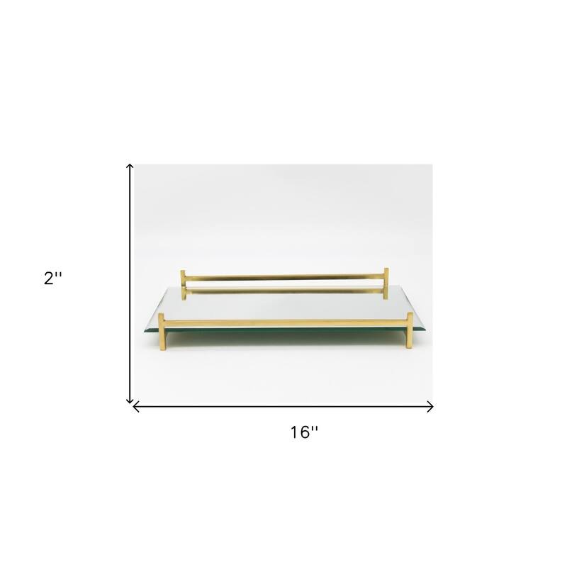 HomeRoots 16" Mirror and Gold Rectangular Glass Vanity Tray