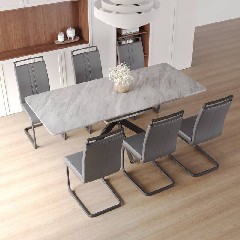 Modern Dining Set with Rectangular Extendable Table & C-shaped Tube Soft Padded Armless Chairs