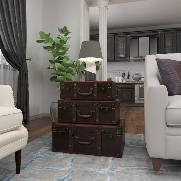 Brown Faux Leather Nesting Upholstered Trunk with Vintage Accents and ...