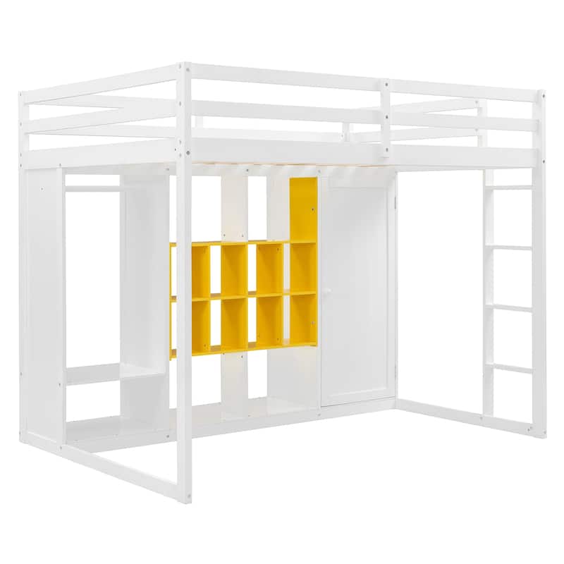 Full Size Wood Loft Bed with Wardrobe Shelves and Cabinet Storage
