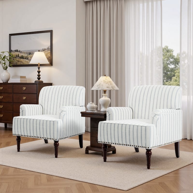 Set 2 Striped Upholstered Linen Armchair with Brass Nailhead Trim