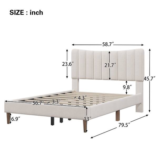 Full Size Linen Platform Bed, Vertical Tufted Headboard Bed Bath