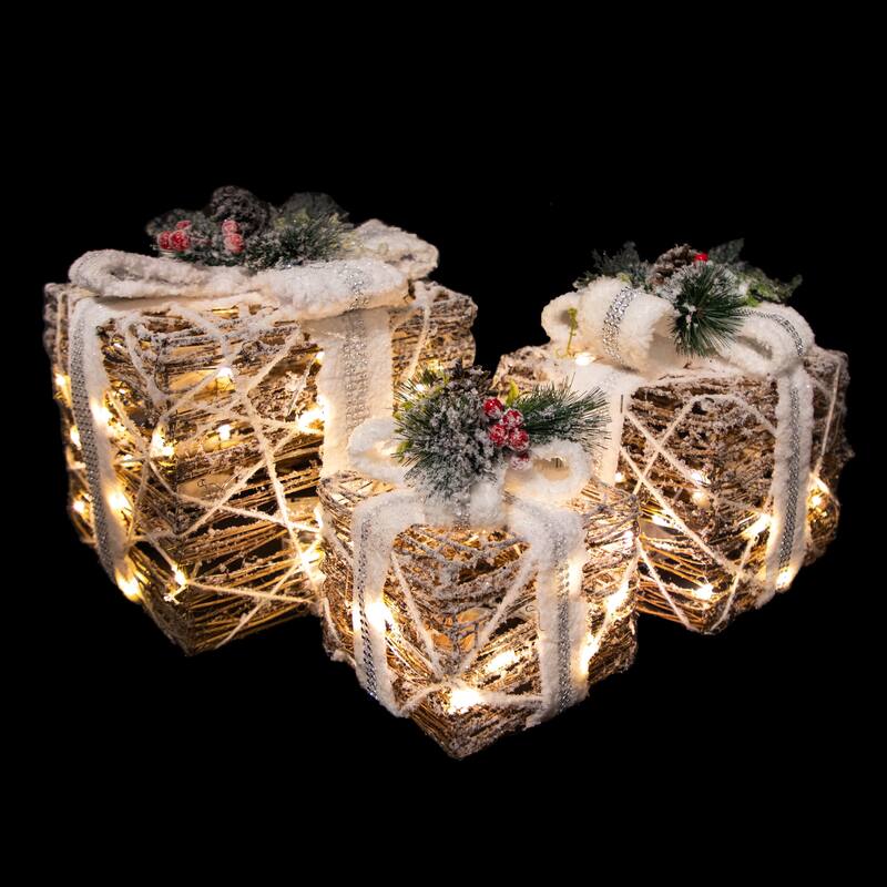 Set of 3 LED Lighted Gift Boxes with Pine and Berries Christmas Decorations 9.75"