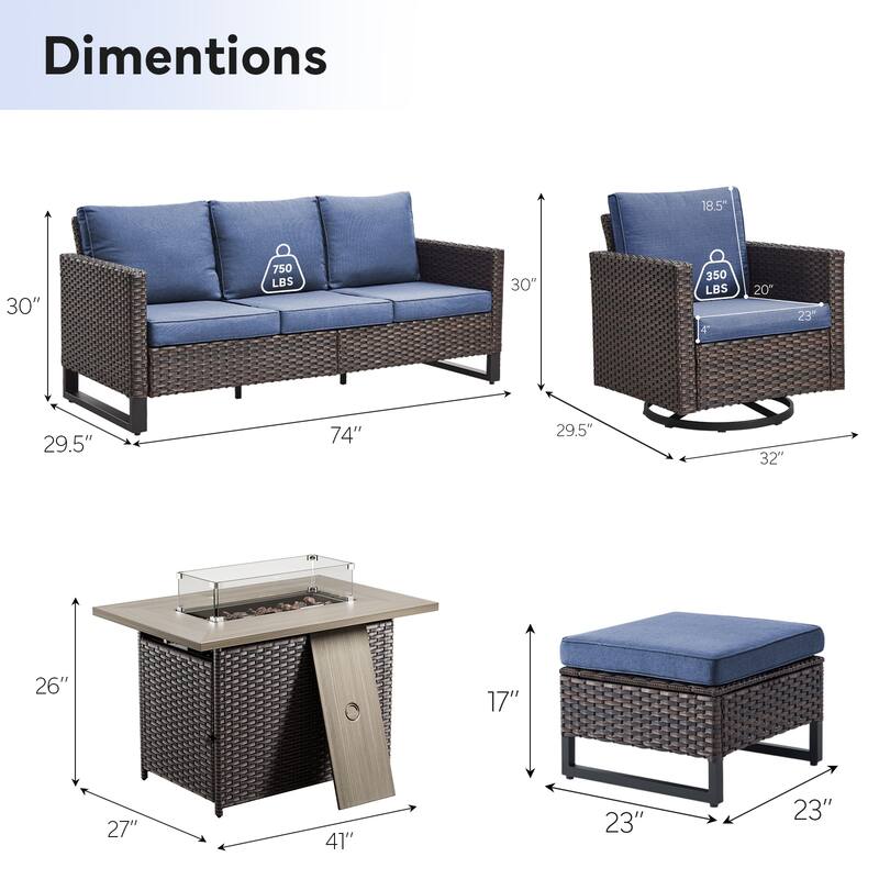 Patio Sofa 2 Swivel Chairs Ottomans and Fire Table Brown-Blue - Brown