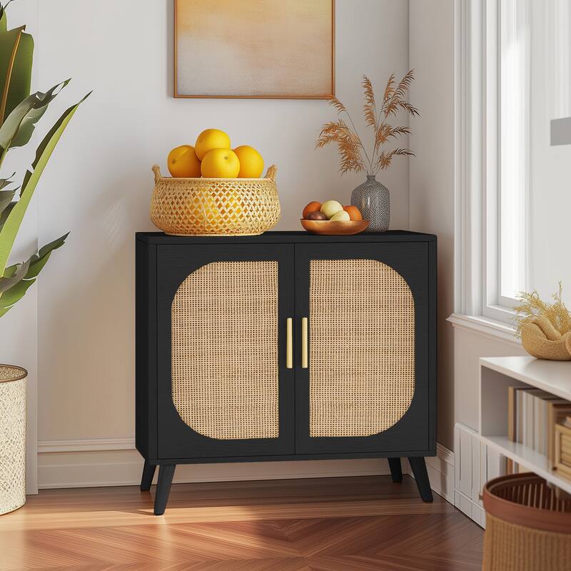 Anmytek Modern Black Rattan Buffet Cabinet Sideboard Kitchen Storage Credenza with Gold Handles