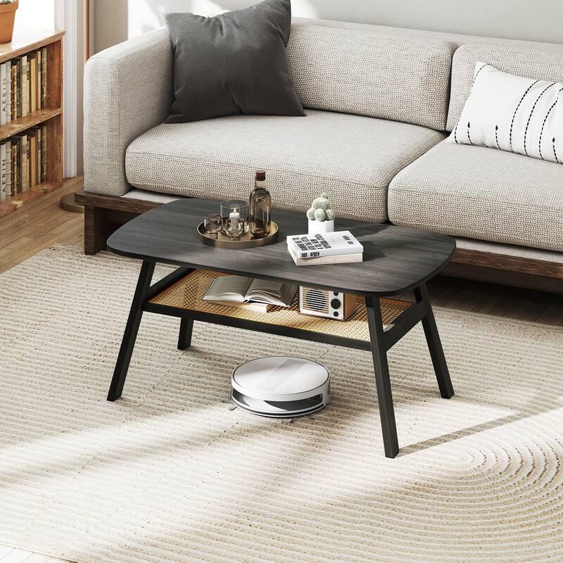 2-Tier Rectangular Center Coffee Table with Rattan Storage Shelf and Rubber Wood Legs-Dark Gray - Multi - Multi