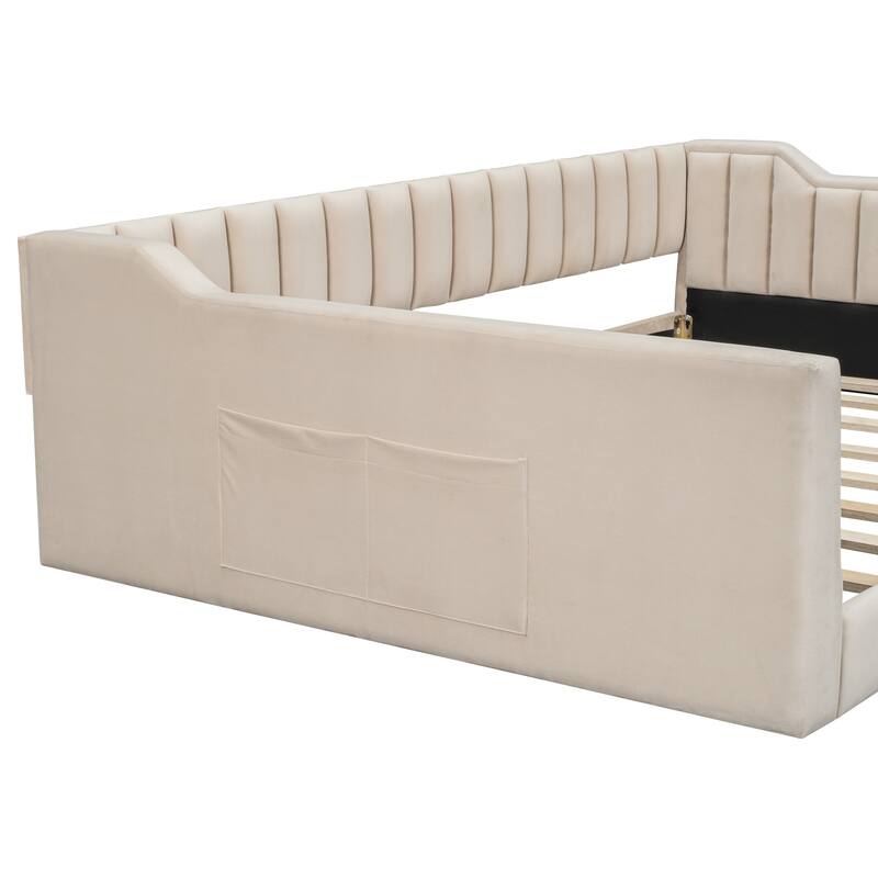Upholstered Daybed with Sloped Arms and Side Pocket, Vertical Stripes Grounded Daybed with Wood Slat Support, Velvet Fabric